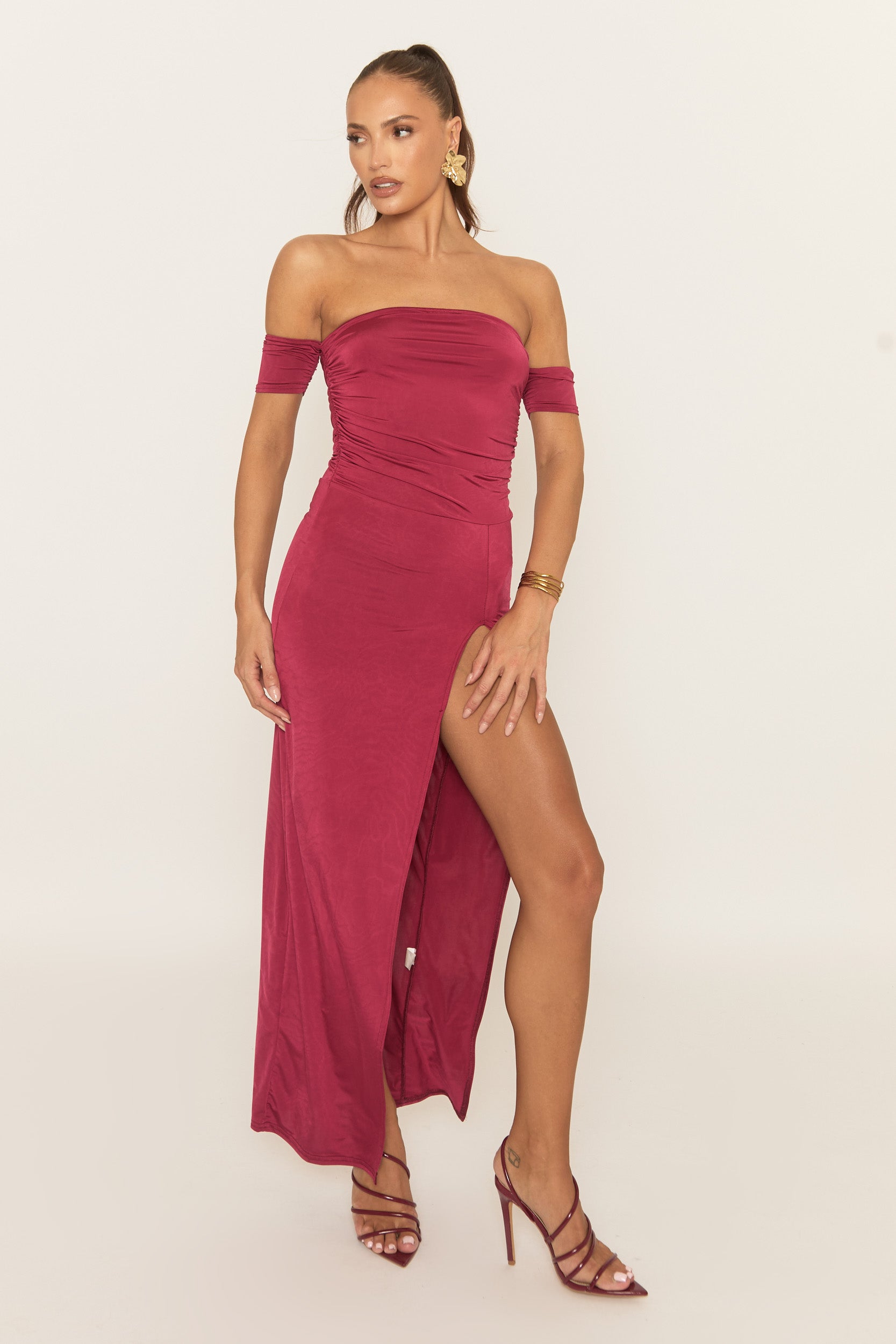 Wine Bardot Front Split Maxi Dress | Dresses | Rebellious Fashion Wine Bardot Front Split Maxi Dress | Dresses | Rebellious Fashion