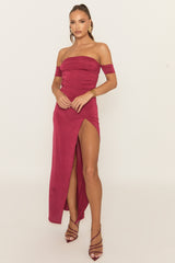 Wine Bardot Front Split Maxi Dress - Korina