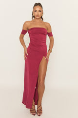 Wine Bardot Front Split Maxi Dress - Korina