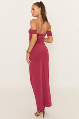 Wine Bardot Front Split Maxi Dress - Korina