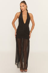 Black Plunge Halterneck Ruched Maxi Dress - Alexas