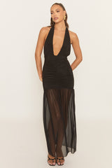 Black Plunge Halterneck Ruched Maxi Dress - Alexas