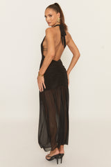 Black Plunge Halterneck Ruched Maxi Dress - Alexas