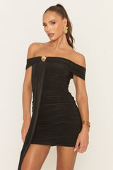 Black Bardot Drape Trim Detail Mini Dress - Leyne