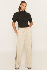 Beige Seam Front Side Stripe Wide Leg Joggers - Corane