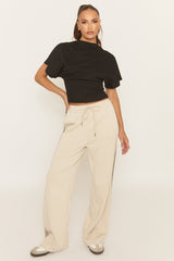 Beige Seam Front Side Stripe Wide Leg Joggers - Corane