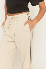Beige Seam Front Side Stripe Wide Leg Joggers - Corane
