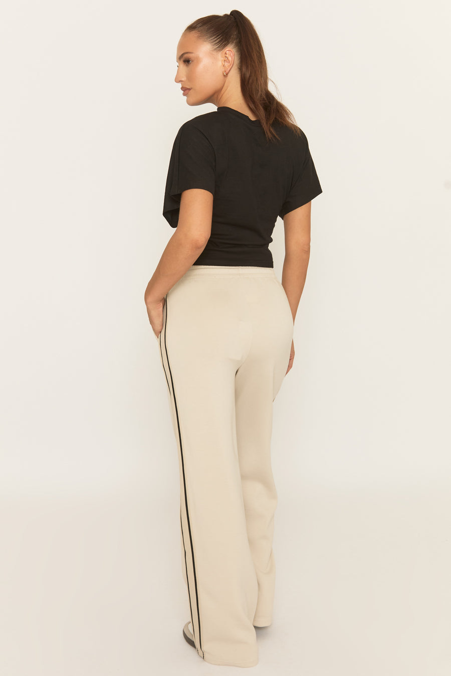 Beige Seam Front Side Stripe Wide Leg Joggers - Corane