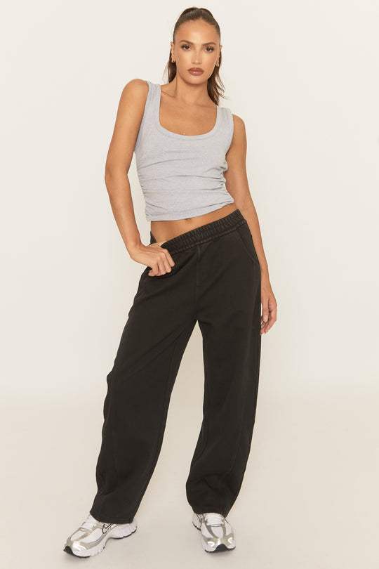 Washed Black Twill Elasticated Waistband Wide Leg Trousers - Yulia
