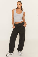 Washed Black Twill Elasticated Waistband Wide Leg Trousers - Yulia