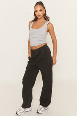 Washed Black Twill Elasticated Waistband Wide Leg Trousers - Yulia