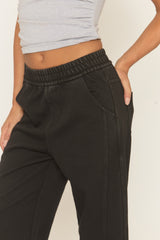 Washed Black Twill Elasticated Waistband Wide Leg Trousers - Yulia