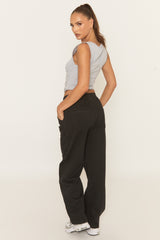 Washed Black Twill Elasticated Waistband Wide Leg Trousers - Yulia