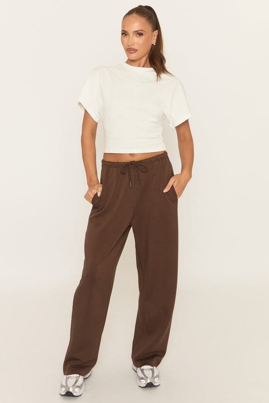 Brown Thin Drawstring Waistband Wide Leg Trousers - Jamilya