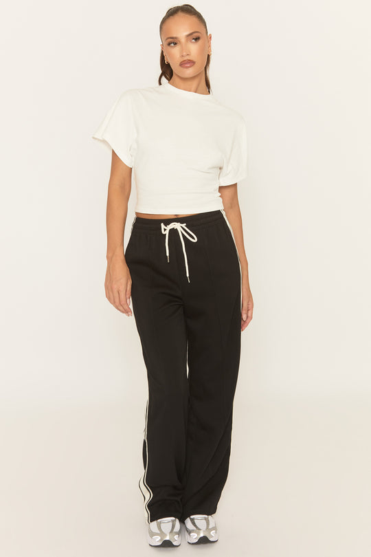 Black Seam Front Side Stripe Wide Leg Joggers - Corane