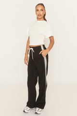 Black Seam Front Side Stripe Wide Leg Joggers - Corane