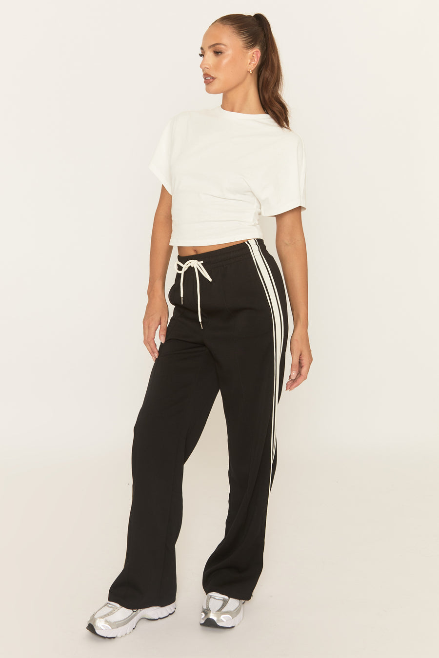 Black Seam Front Side Stripe Wide Leg Joggers - Corane
