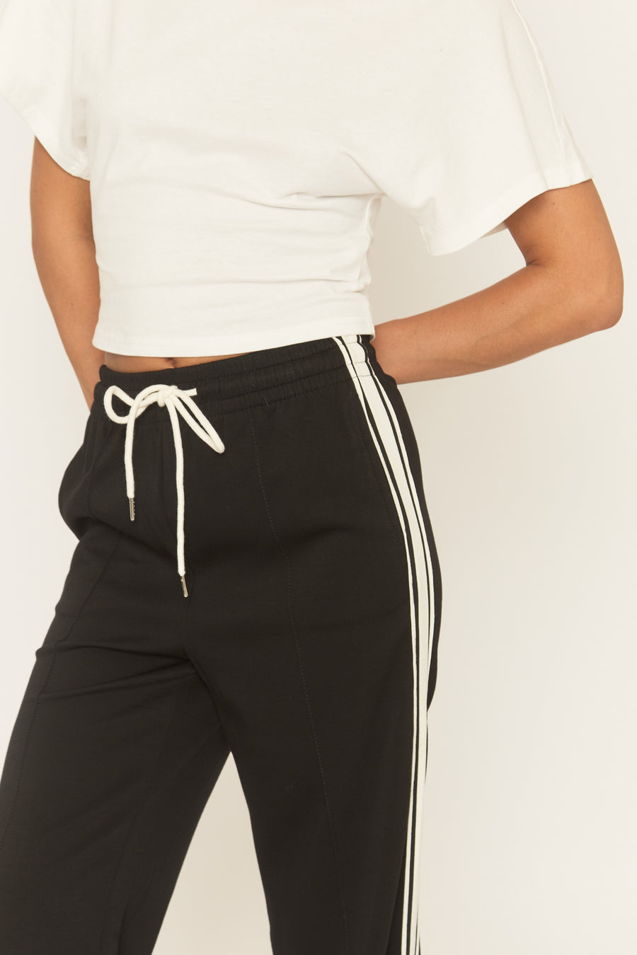 Black Seam Front Side Stripe Wide Leg Joggers - Corane