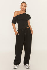 Black Thin Drawstring Waistband Wide Leg Trousers - Jamilya