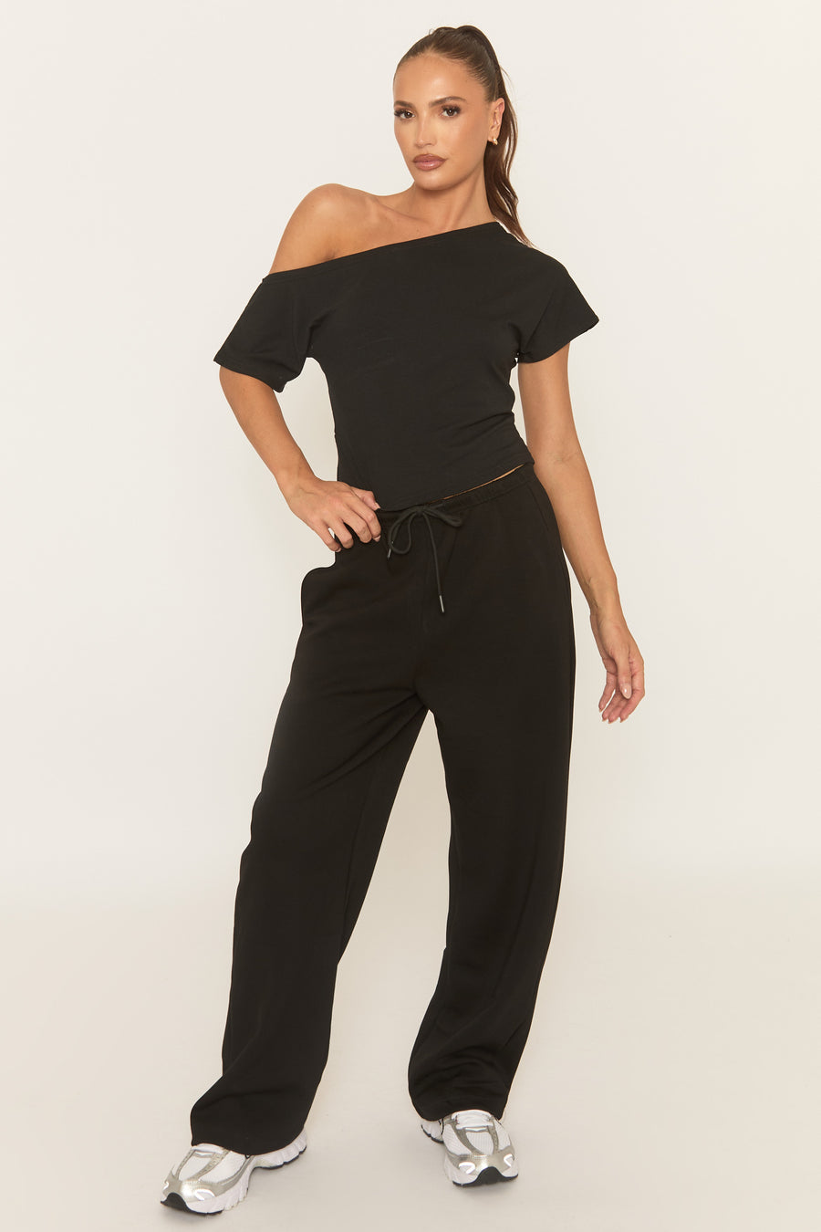 Black Thin Drawstring Waistband Wide Leg Trousers - Jamilya