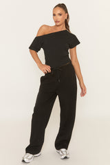Black Thin Drawstring Waistband Wide Leg Trousers - Jamilya