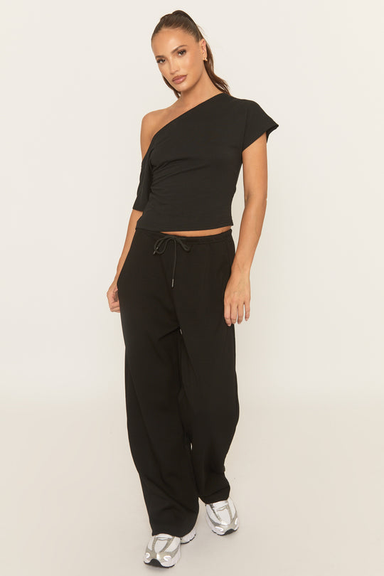 Black Thin Drawstring Waistband Wide Leg Trousers - Jamilya