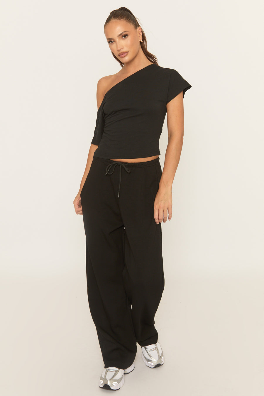 Black Thin Drawstring Waistband Wide Leg Trousers - Jamilya