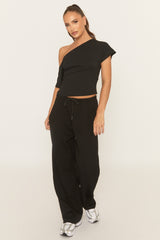 Black Thin Drawstring Waistband Wide Leg Trousers - Jamilya