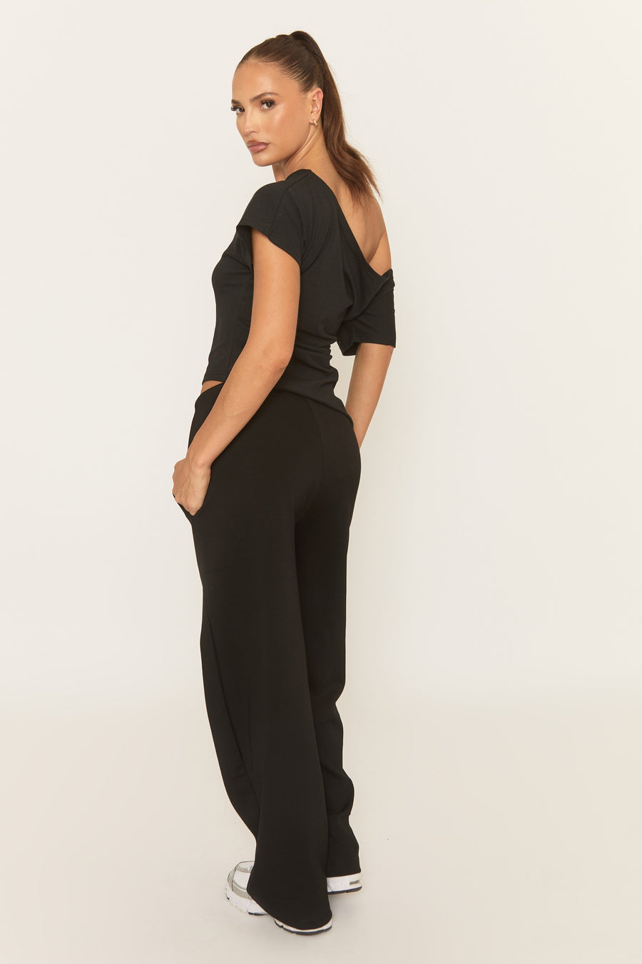 Black Thin Drawstring Waistband Wide Leg Trousers - Jamilya