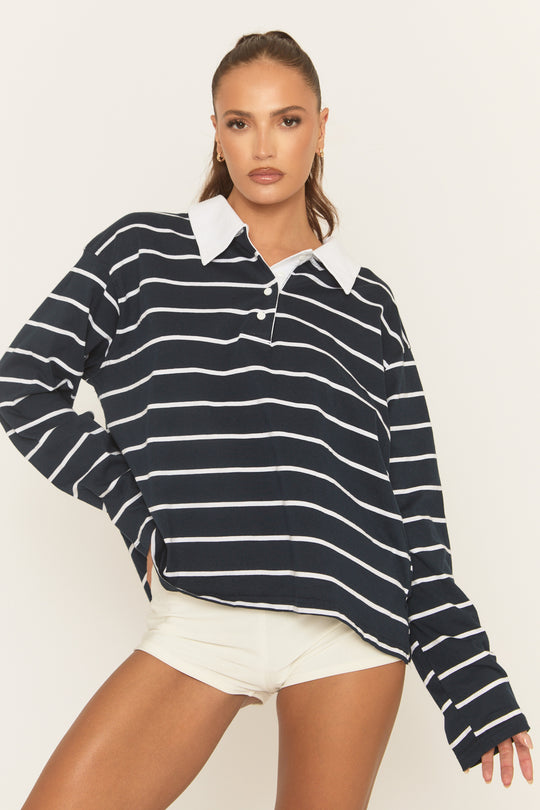 Navy Stripe Collared Sweater - Lynette