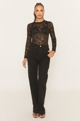 Black Sheer Lace High Neck Bodysuit - Kiane