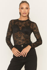 Black Sheer Lace High Neck Bodysuit - Kiane