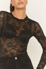 Black Sheer Lace High Neck Bodysuit - Kiane