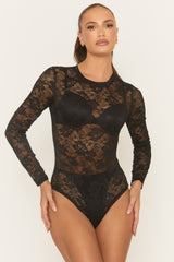 Black Sheer Lace High Neck Bodysuit - Kiane