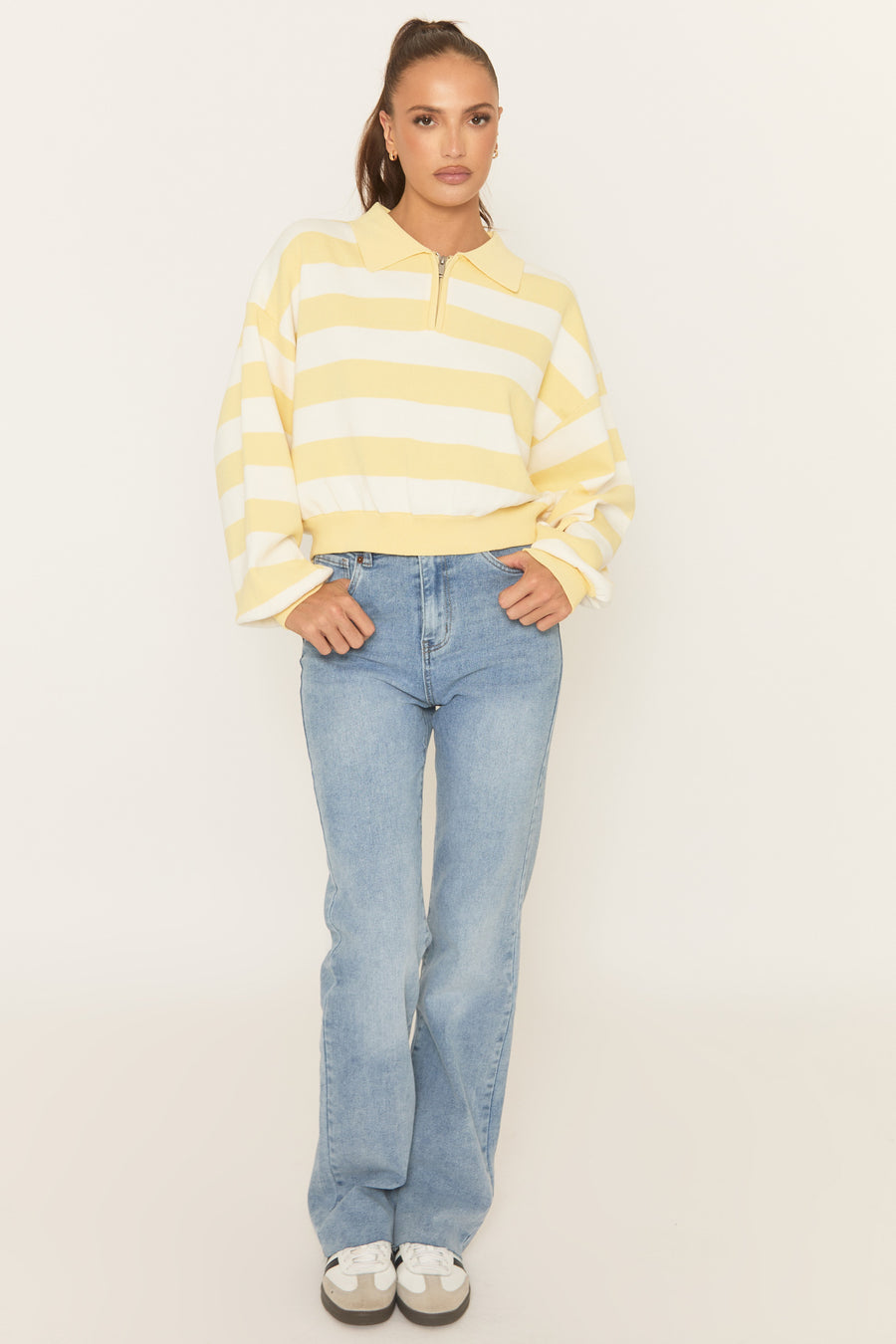 Yellow Stripe Zip Detail Collared Sweater - Lorren