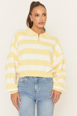 Yellow Stripe Zip Detail Collared Sweater - Lorren