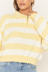Yellow Stripe Zip Detail Collared Sweater - Lorren