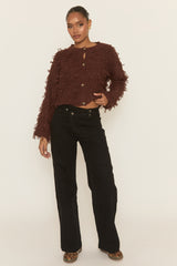 Chocolate Loop Knit Fringe Button Up Cardigan - Lornia