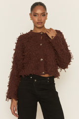 Chocolate Loop Knit Fringe Button Up Cardigan - Lornia