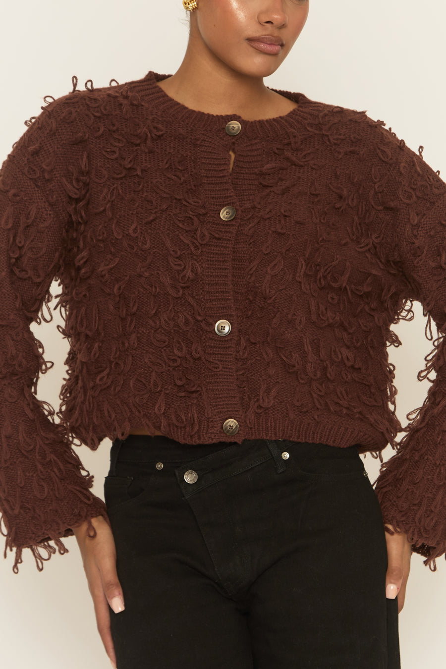 Chocolate Loop Knit Fringe Button Up Cardigan - Lornia