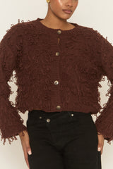 Chocolate Loop Knit Fringe Button Up Cardigan - Lornia