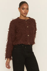 Chocolate Loop Knit Fringe Button Up Cardigan - Lornia