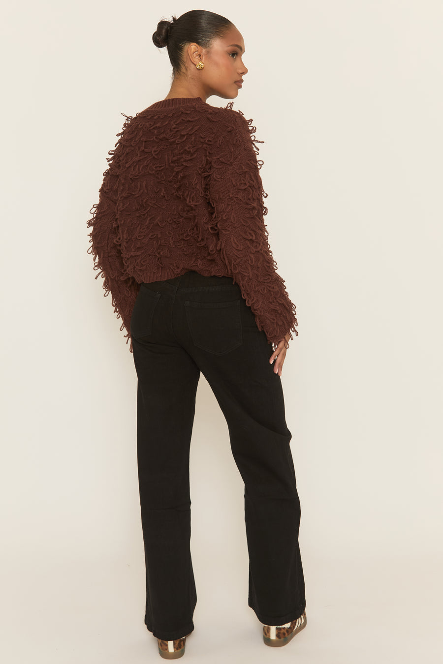 Chocolate Loop Knit Fringe Button Up Cardigan - Lornia
