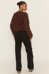 Chocolate Loop Knit Fringe Button Up Cardigan - Lornia