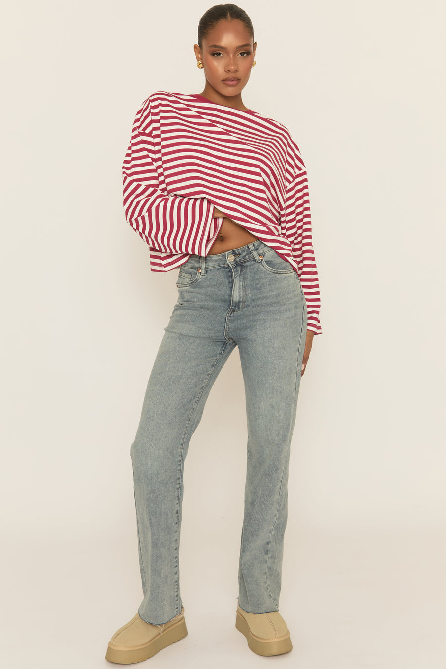 Wine Stripe Long Sleeve Crew Neck Top - Fraiser