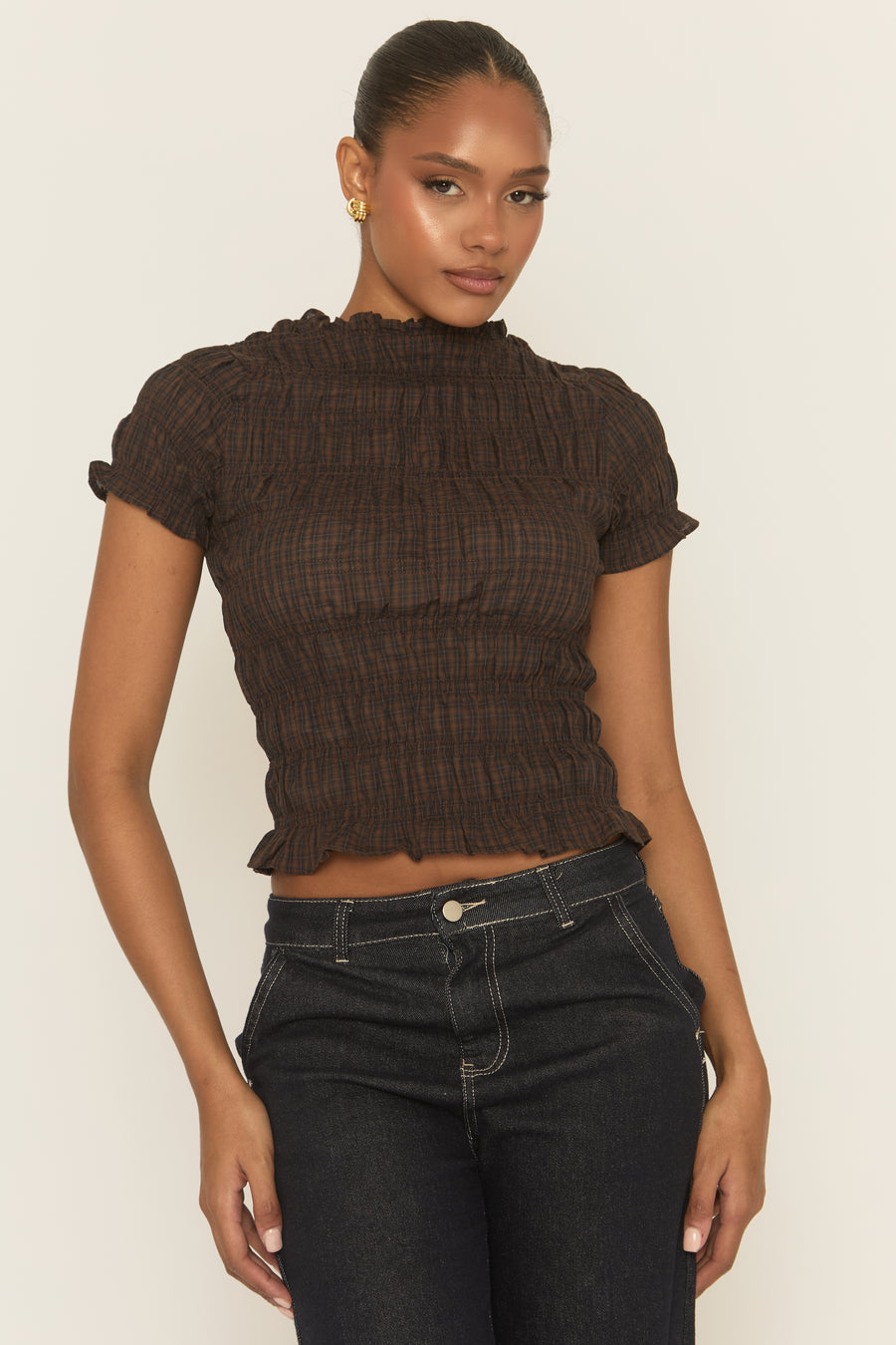 Brown Check Shirred Top - Blanka