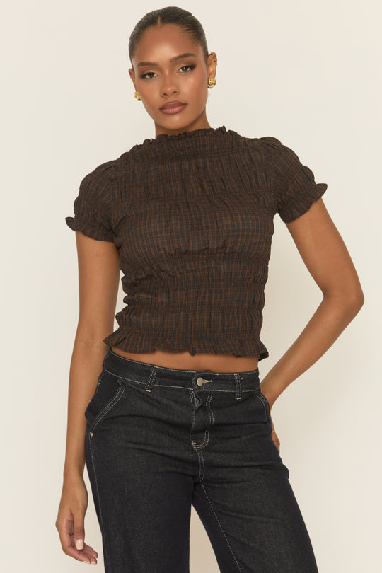 Brown Check Shirred Top - Blanka