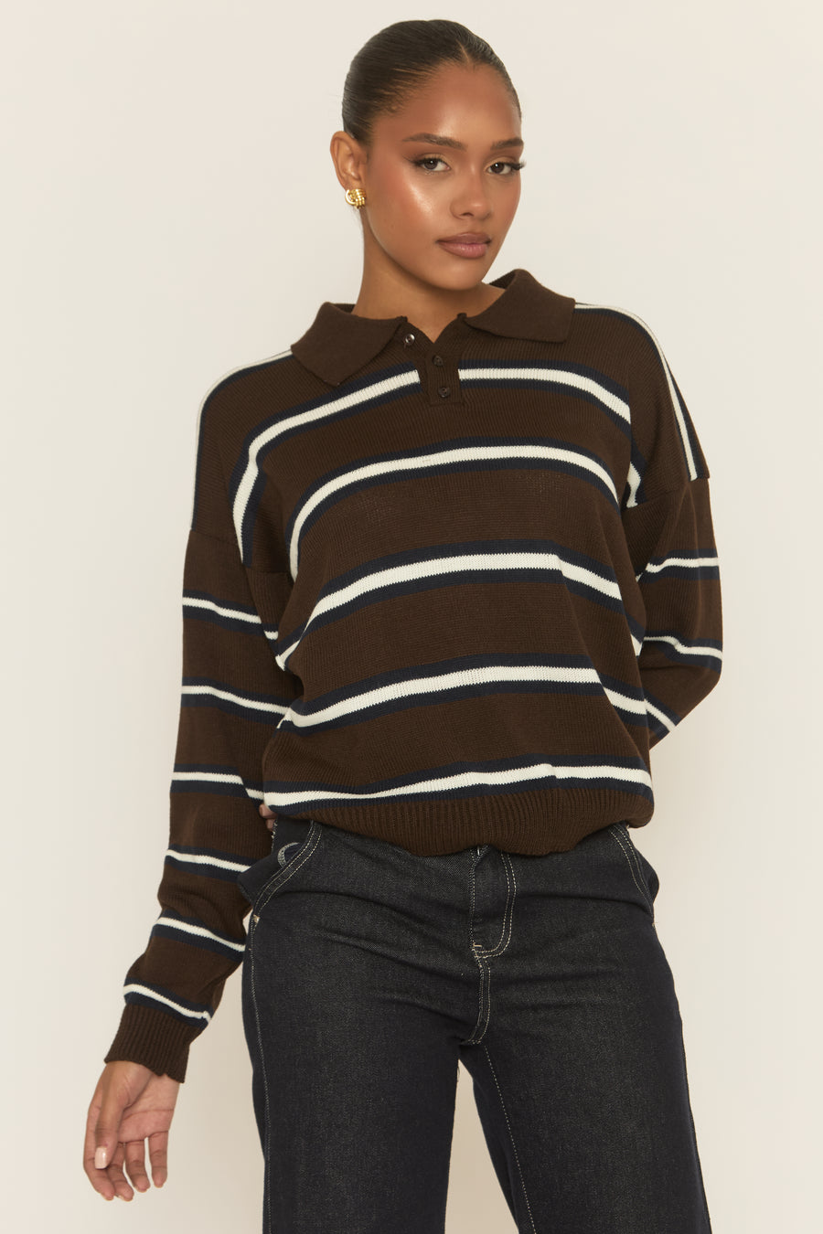 Brown Stripe Collared Knit Jumper - Arana