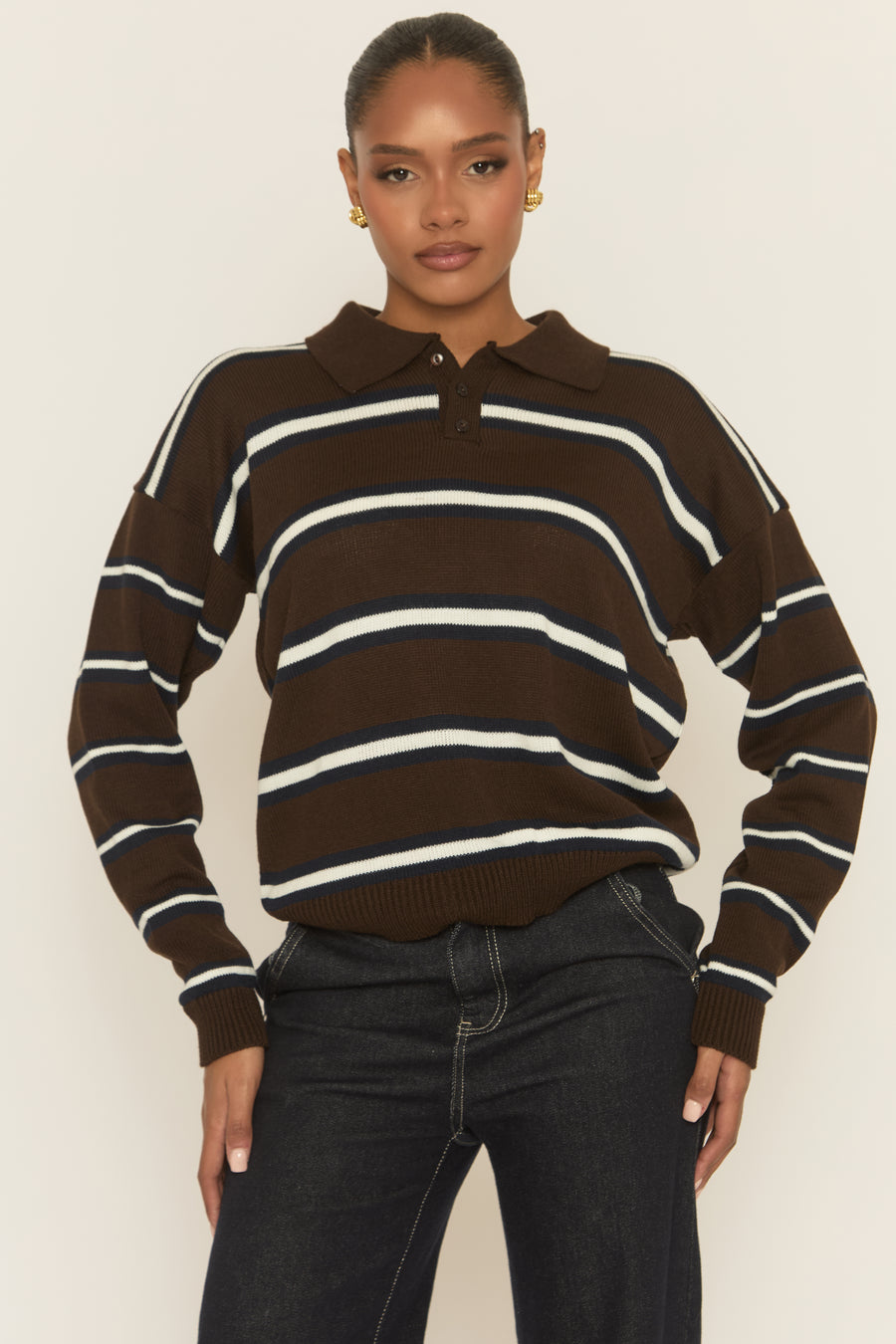 Brown Stripe Collared Knit Jumper - Arana