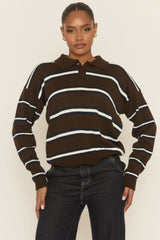 Brown Stripe Collared Knit Jumper - Arana